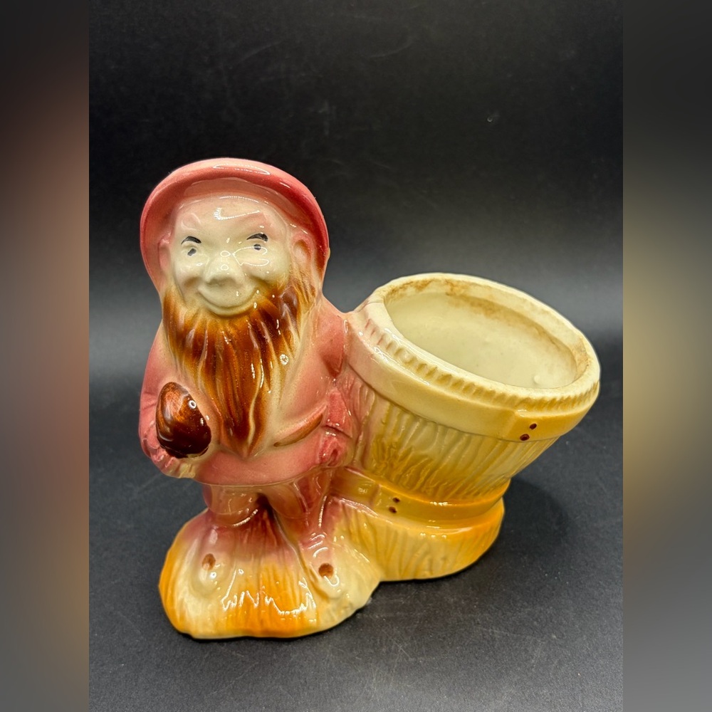 Vintage Hand Painted Ceramic Gnome Elf Figure Barrel Planter / Vase Cottagecore